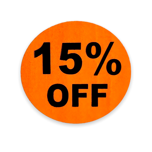  15% OFF Stickers | 1-1/2" Br/Orange Circle Label | Easy to Peel & Apply | Offered in Rolls of 500 Labels and 1000 Labels | Free Shipping!  