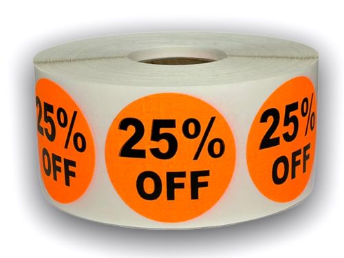 25% OFF Stickers | 1.5" Orange Circle | Self-adhesive | Offered in Rolls of 500 and 1000 | Free Shipping!