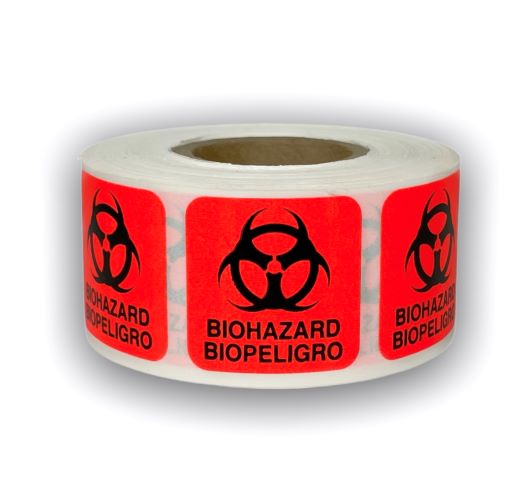 Shipping & Handling D.O.T. - Biohazard Stickers | 2x2 inch (2"x2") Br/Red Label | Self-Adhesive | 1" Core | 500 Labels 