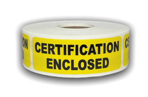 CERTIFICATION ENCLOSED Stickers | 1" x 3" Yellow | Offered in Rolls of 500 Labels and 1000 Labels | Free Shipping!