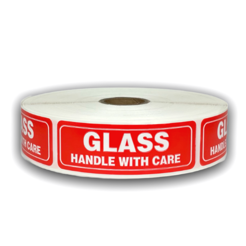 GLASS Handle with Care Stickers | 1" x 3" | Offered in Rolls of 500 Labels and 1000 Labels | Free Shipping!