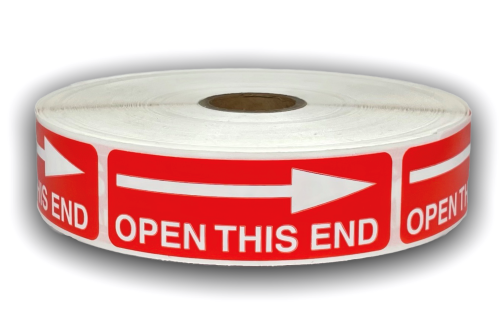 Open This End w/ Arrow Stickers - 1"x3", 500 Labels 