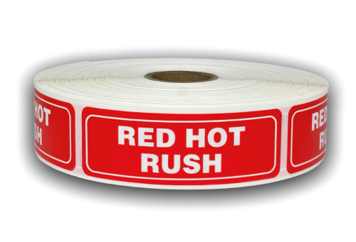 RED HOT RUSH Stickers | 1" x 3" | Offered in Rolls of 500 Labels and 1000 Labels | Free Shipping!
