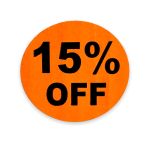 15% OFF Stickers | 1.5" Orange Circle | Self-adhesive | Offered in Rolls of 500 and 1000 | Free Shipping!