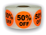  50% OFF Stickers | 1-1/2" Br/Orange Circle Label | Easy to Peel & Apply | Offered in Rolls of 500 Labels and 1000 Labels | Free Shipping!    