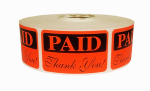 PAID Thank You Stickers | 1.25"x2" Bright Red | Self-adhesive | Offered in Rolls of 500 and 1000 | Free Shipping!